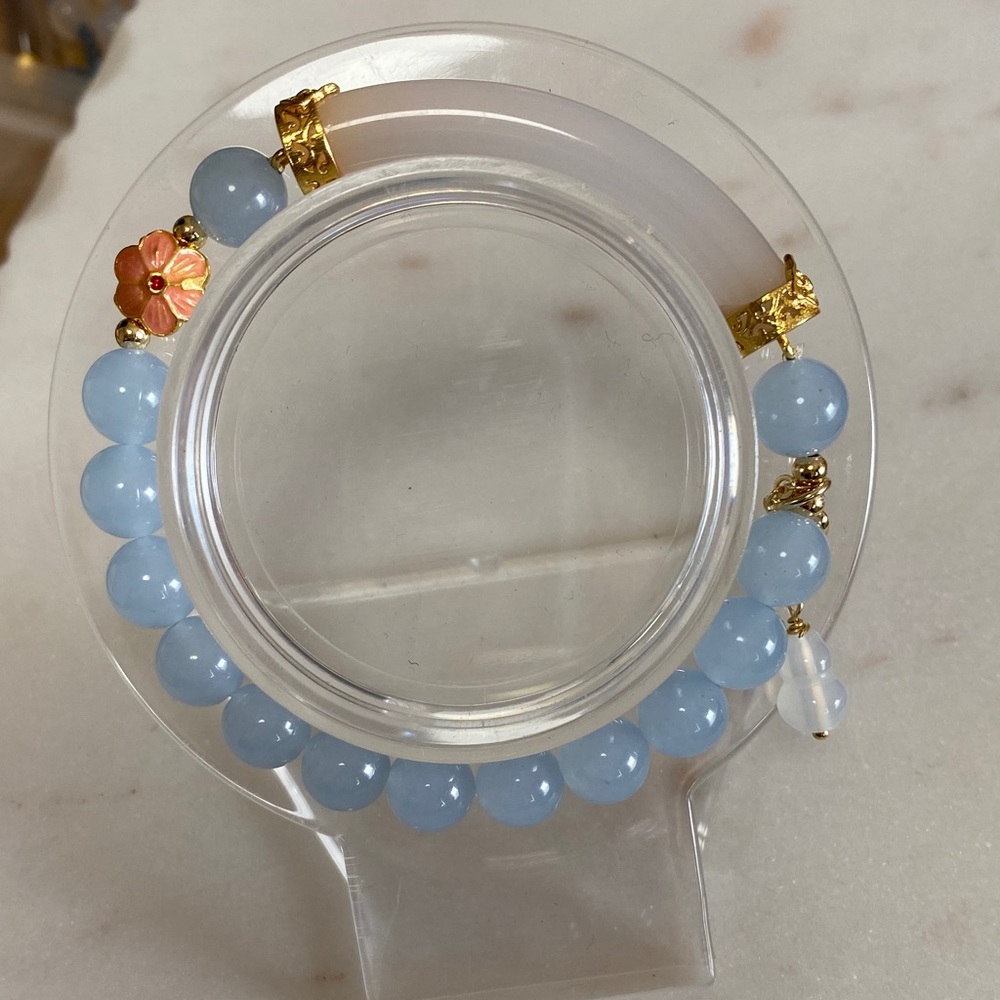 Natural White Agate & Aquamarine Half Bangle Bracelet - Handcrafted Artisan Jewe